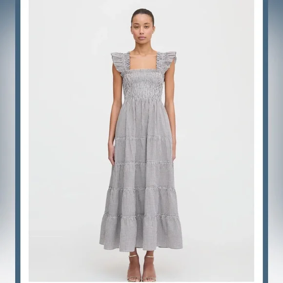 Hill House Home The Ellie Maxi Nap Dress in Chocolate Gingham Brown White Med - Picture 1 of 6